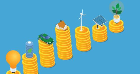 Stack of coins with renewable energy