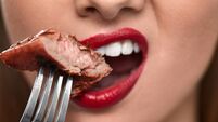 Woman Mouth Biting Meat. Beautiful Female Mouth Eating Meat