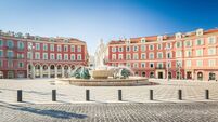 Nice, France - Aug 1, 2021: Apollo statue as a Fountain of the Sun on Place Massena