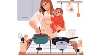 Multitasking mother cooks food, holds baby on hands and talks on the phone. Mom with kid cooking meal on gas stove, does housewo