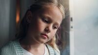 Anxiety, thinking and window with child in home for mental health, adoption crisis or stress. Mistake, foster care trauma and ab