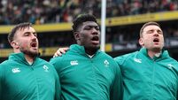 Ronan Kelleher, Edwin Edogbo and Tadhg Beirne during the national anthems 14/2/2026