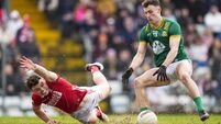 Cork vs MeathJordan Morris dummy hops the ball against Daniel O'Mahony 22/2/2026