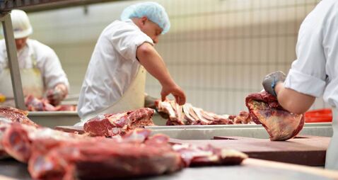 workplace food industry - factory butchery for the production of sausages - butcher cuts meat